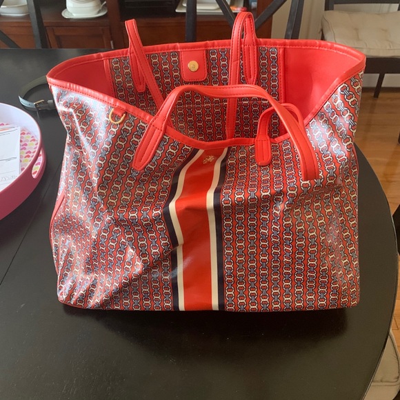 Tory Burch Red and Blue Tote Bag - Picture 2 of 9